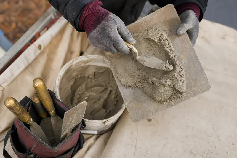 A mortar hawk, trowels and a bucket of mixed mortar set on a roof work platform; illustrative image