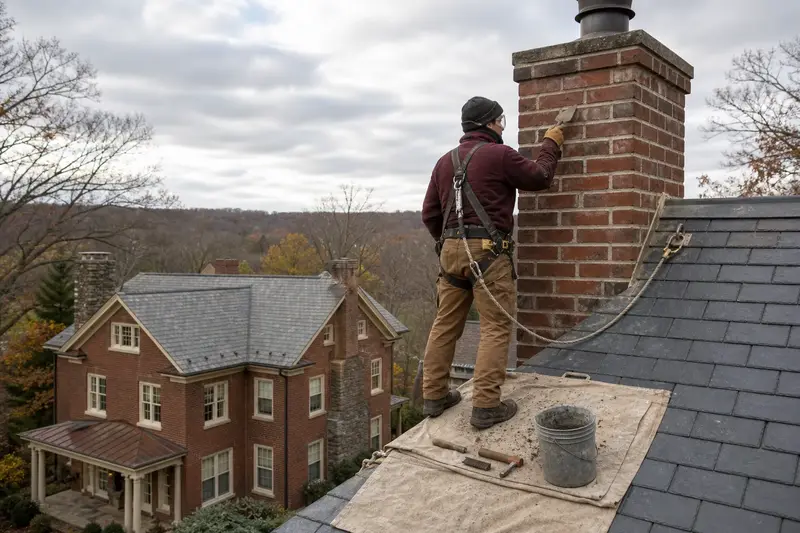A harnessed mason repointing mortar joints on a tall brick chimney on a steep gable roof with a pointing trowel; illustrative image