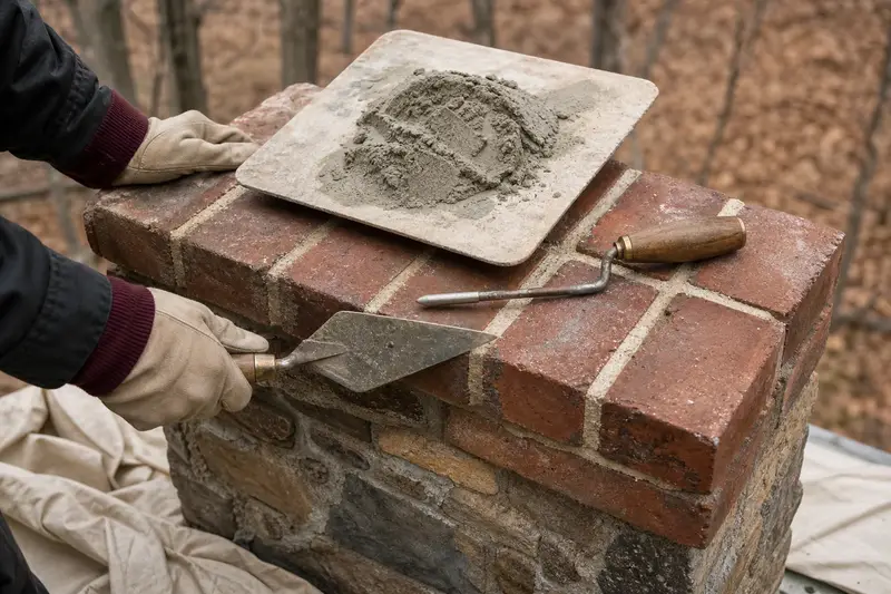 A mortar hawk, pointing trowel and jointer resting on sound brick at a chimney shoulder; illustrative image