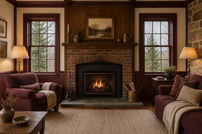 A warm hearth room with a gas insert set in a brick opening on a cool evening, no one present; illustrative image