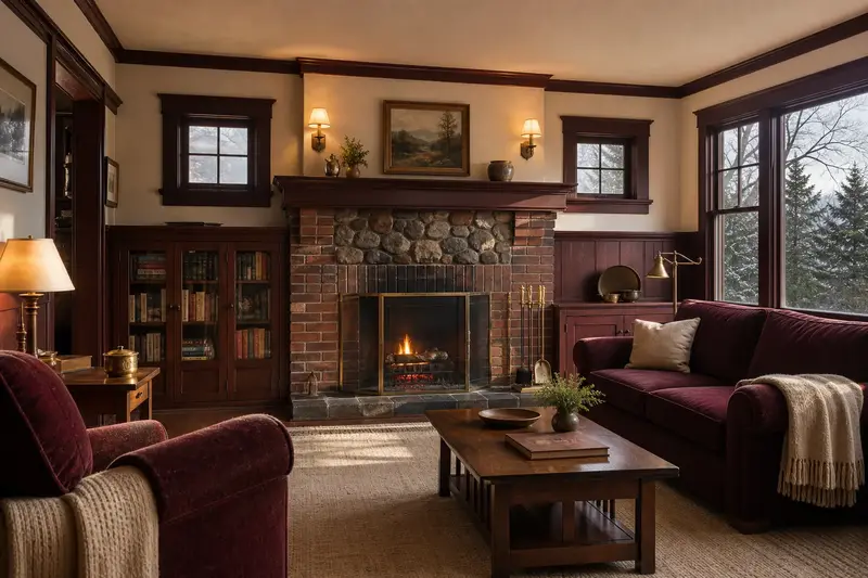 A restored hearth room with an open masonry wood-burning fireplace, a clean hearth and brass fireplace tools; illustrative image