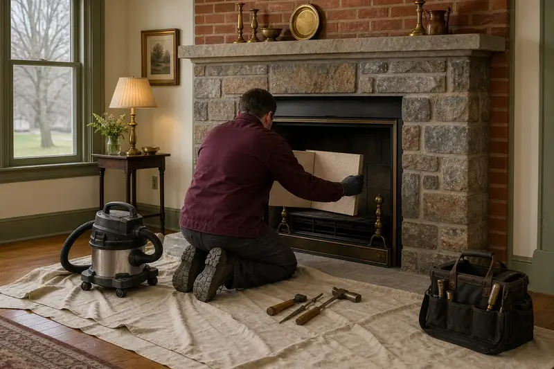 A technician fitting a refractory panel into the firebox of a factory-built wood-burning fireplace with a stone facing, the fireplace cold and unlit; illustrative image