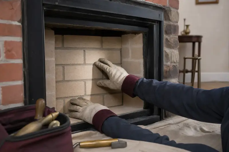 New firebrick and refractory mortar in the back wall of a wood-burning insert in a brick opening, seen up close; illustrative image