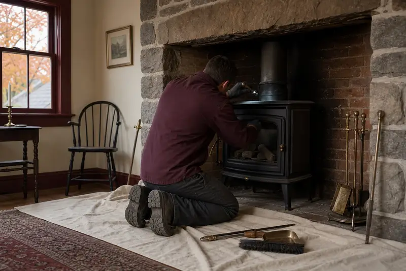 A technician checking the damper of a freestanding gas stove with a flashlight before the heating season, the fireplace cold; illustrative image