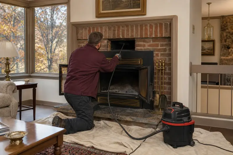 A technician feeding a rotary chimney brush up the flue of a wood-burning insert in a brick opening, drop cloths and a sealed vacuum on the hearth, the fireplace cold and unlit; illustrative image