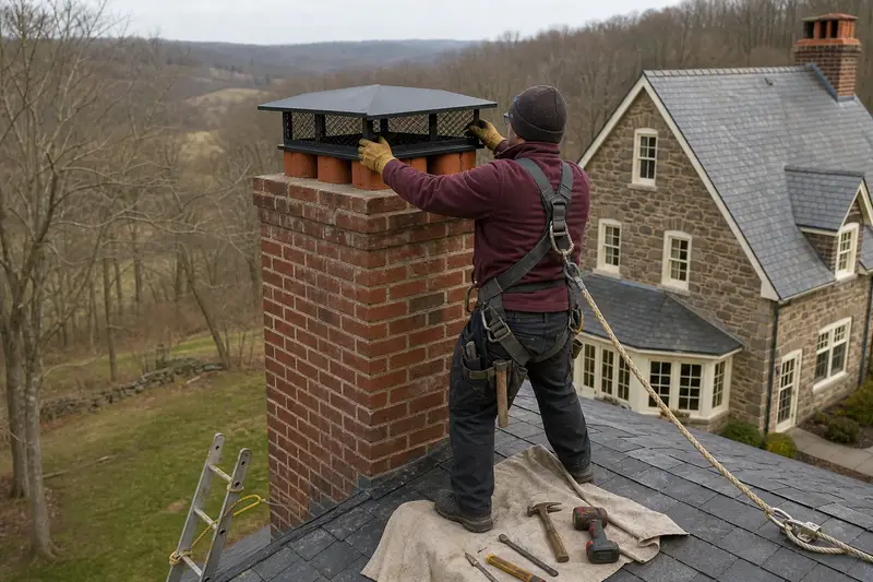 A harnessed technician fastening a multi-flue cap over the crown of a tall brick chimney on a steep gable roof; illustrative image