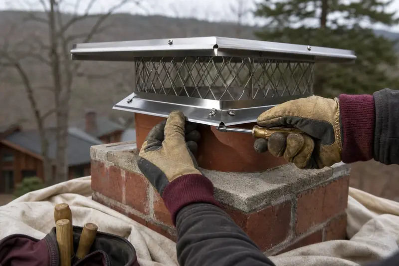 Gloved hands tightening the mounting screws of a stainless steel cap on a flue; illustrative image