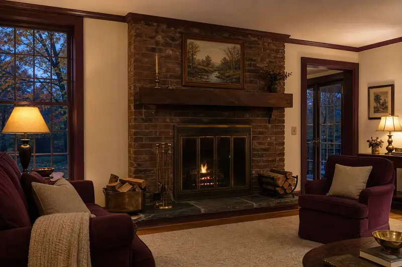 A tidy hearth room with an open masonry wood-burning fireplace, a cleared hearth, fireplace tools and split firewood; illustrative image