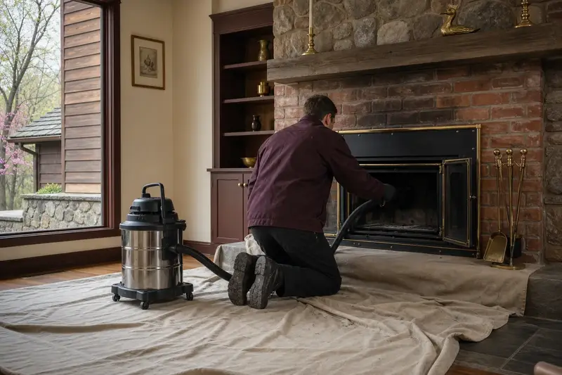 A technician kneeling at a wood-burning insert in a brick opening with a sealed vacuum and drop cloths, the fireplace cold and unlit; illustrative image
