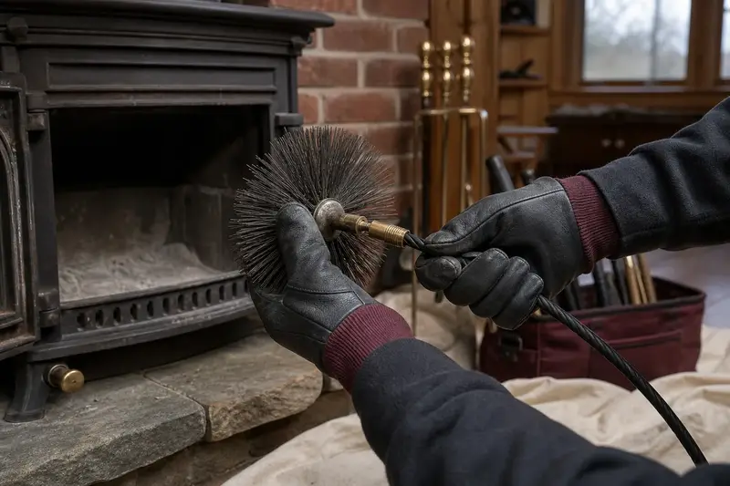Gloved hands fitting a round wire brush onto a flexible rod at the hearth of a cast-iron wood stove on a stone hearth pad; illustrative image