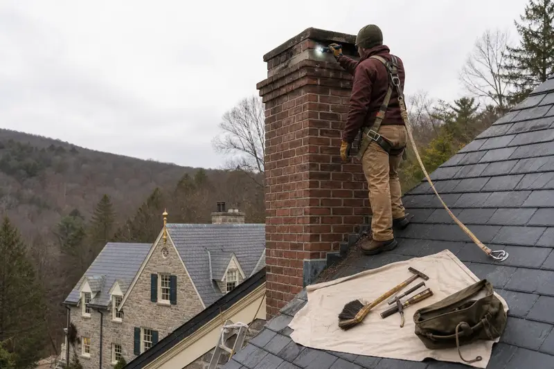 A harnessed technician examining the top of a tall brick chimney on a steep gable roof with a flashlight from a dry roof surface; illustrative image