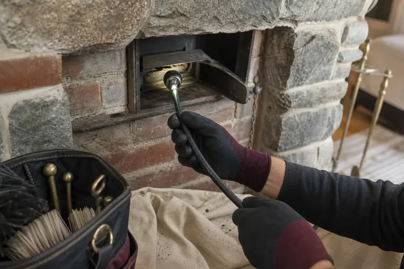 An inspection camera head on a flexible cable at the damper opening of an open masonry wood-burning fireplace; illustrative image