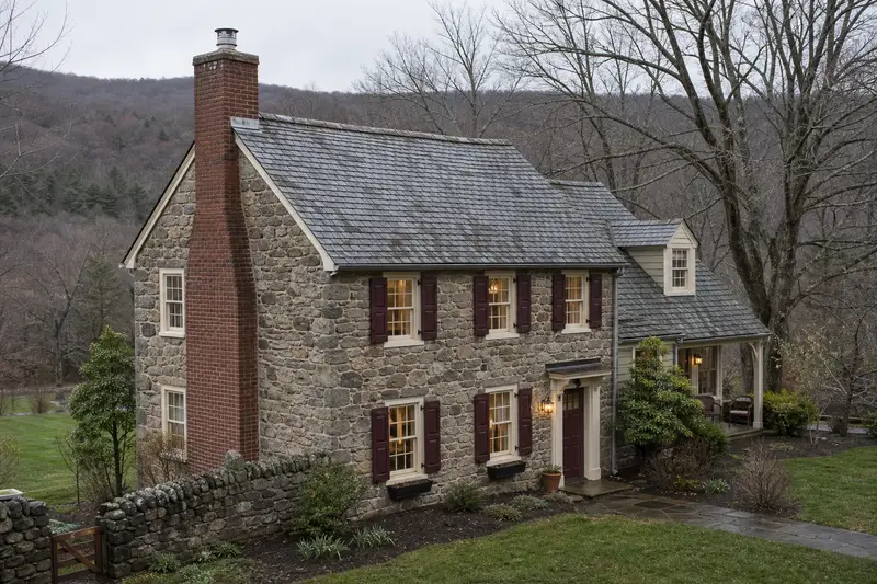 A 1950s stone farmhouse with a red brick chimney with a concrete crown fitted with a stainless steel liner cap; illustrative image