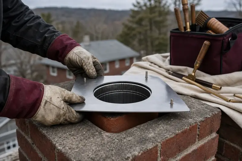Gloved hands fitting a stainless steel liner top plate at a flue opening; illustrative image