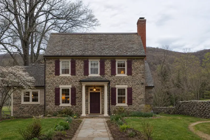 A 1920s stone farmhouse with a red brick chimney with a concrete crown rising above the roof; illustrative image