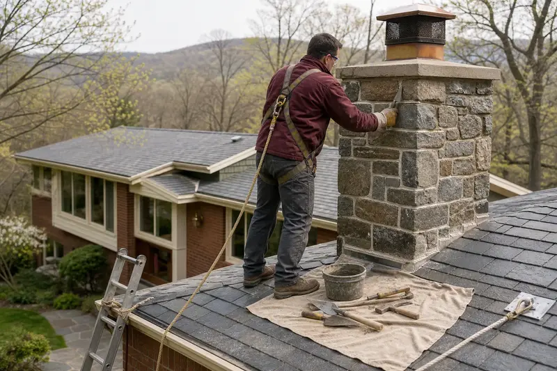 A harnessed mason repointing mortar joints on a stone masonry chimney with a pointing trowel; illustrative image