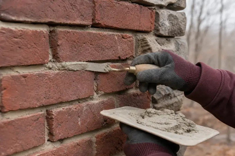 Gloved hands pressing fresh mortar into a raked joint with a tuckpointing trowel; illustrative image