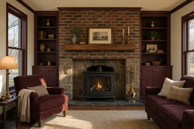 A remodeled hearth wall with a freestanding gas stove, a slim wood mantel and built-in shelves; illustrative image
