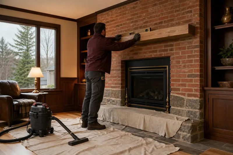 An installer leveling a new wood mantel above a gas insert set in a brick opening; illustrative image