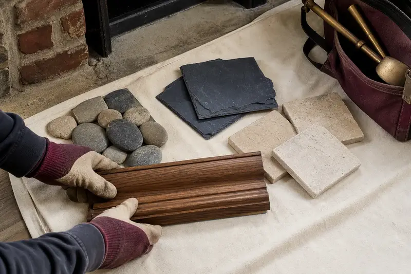 Samples of stone, tile and a mantel wood finish laid out on a hearth; illustrative image