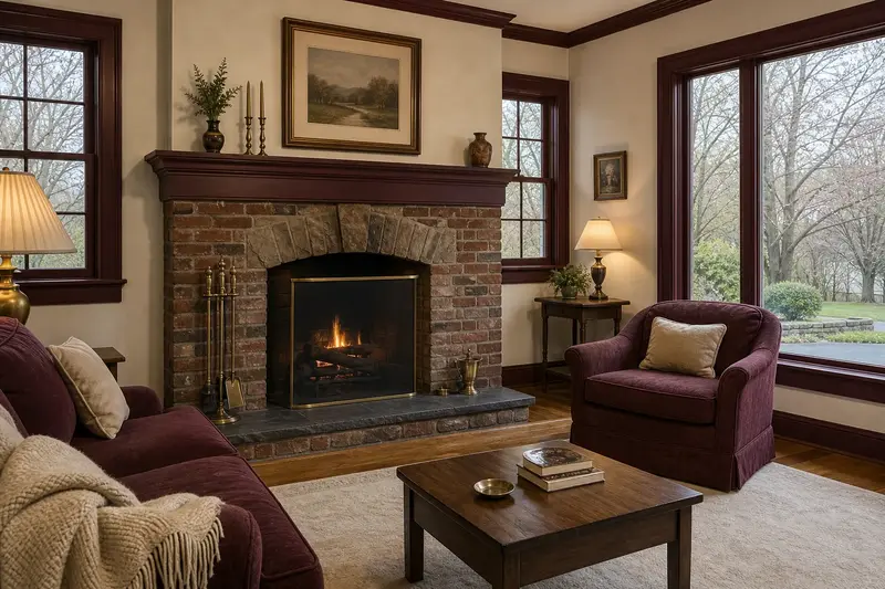 A restored hearth room with an open masonry wood-burning fireplace, a clean hearth and brass fireplace tools; illustrative image