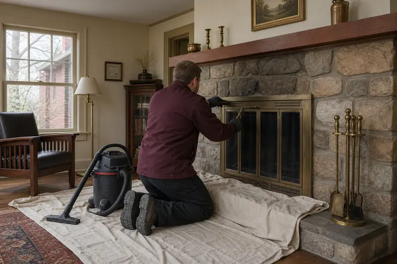 A technician adjusting the glass doors of a factory-built wood-burning fireplace with a stone facing with a hand tool, the fireplace unlit; illustrative image