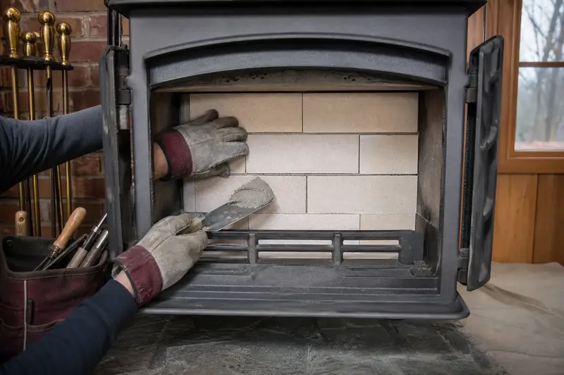 New firebrick and refractory mortar in the back wall of a cast-iron wood stove on a stone hearth pad, seen up close; illustrative image