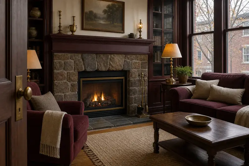 A warm living room with a vented gas log set in a masonry firebox glowing softly behind its glass, no one present; illustrative image