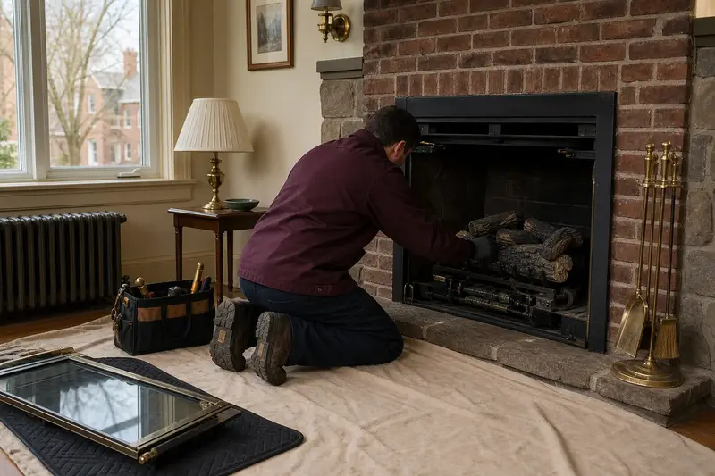 A technician checking the burner and log placement of a gas insert set in a brick opening with the gas off and the glass set aside; illustrative image