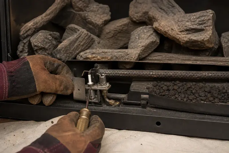 The burner, pilot assembly and ember bed inside a direct-vent gas fireplace, unlit, seen up close; illustrative image