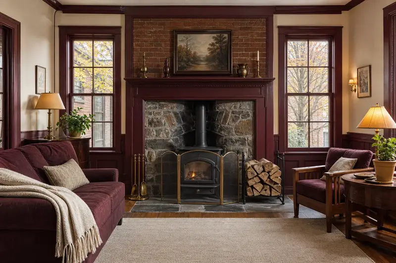 A hearth room with a cast-iron wood stove on a stone hearth pad, split firewood in a steel rack and a clear hearth; illustrative image