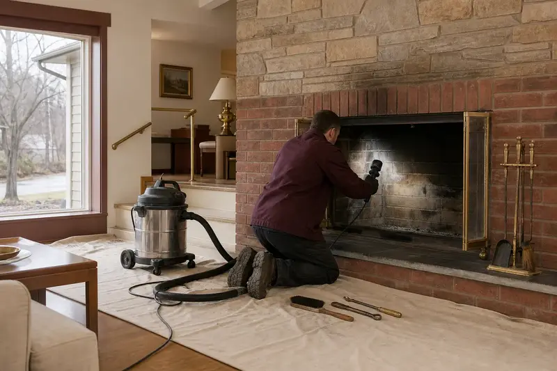 A technician checking the firebox walls of an open masonry wood-burning fireplace with a work light, a drop cloth on the hearth; illustrative image