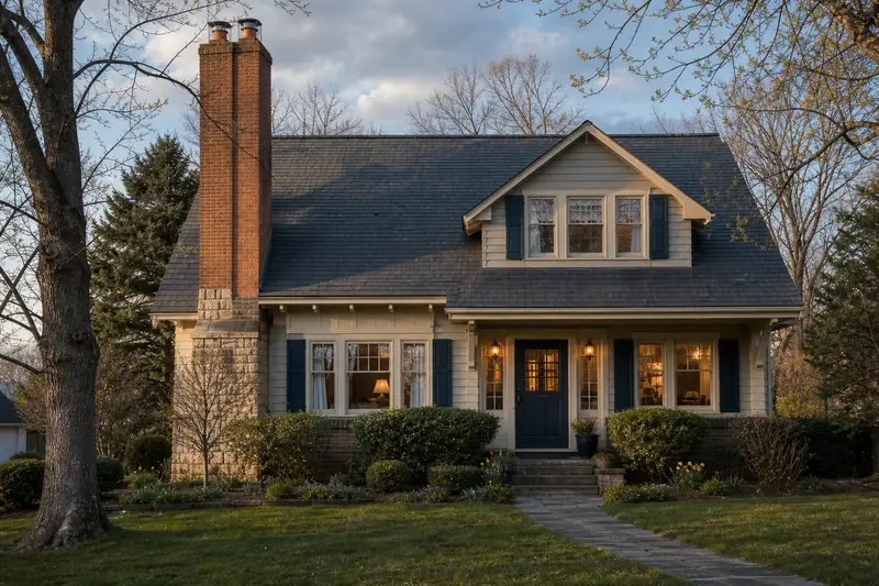 A 1950s Craftsman house with a two-flue brick chimney on a slate roof topped by a mesh chimney cap and bare trees nearby; illustrative image