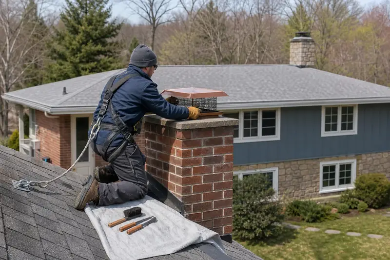 A harnessed technician fitting a mesh cap on a tall brick chimney on a steep gable roof to keep animals out; illustrative image