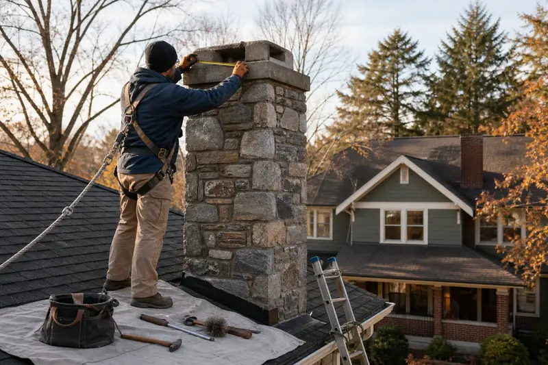 A harnessed technician sizing the flue opening of a stone masonry chimney for a new cap; illustrative image