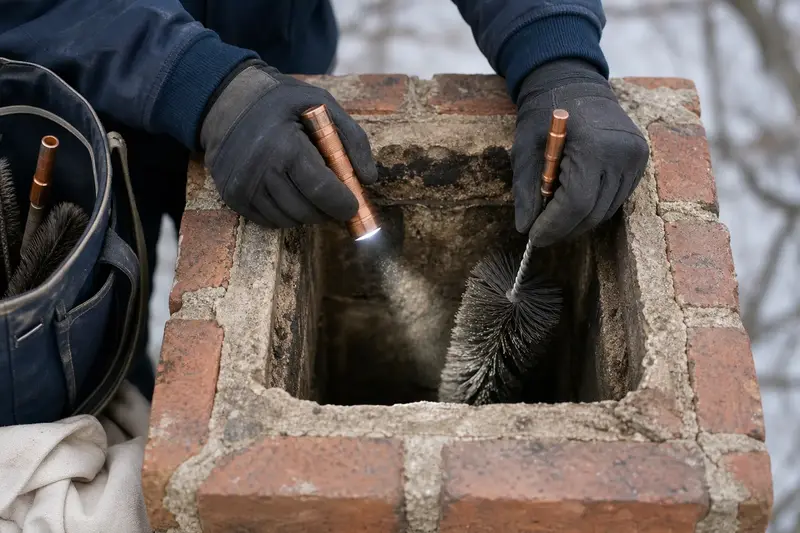 An open flue with no cap at the top of a brick chimney, seen up close; illustrative image