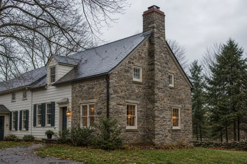 A 1940s stone-and-clapboard farmhouse after a cold rain with a stone masonry chimney, wet roofs and clear gutters; illustrative image