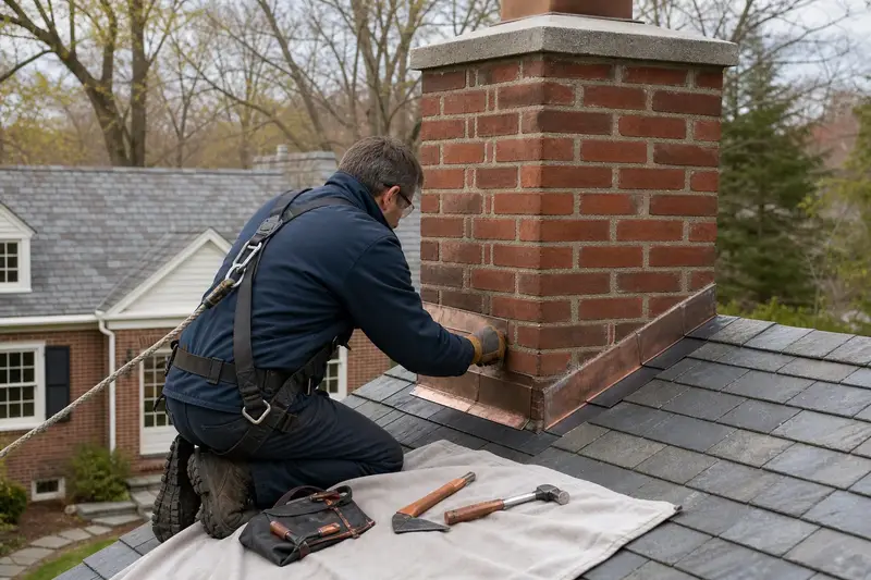 A harnessed technician checking the step flashing where a red brick chimney with a concrete crown meets the roof; illustrative image