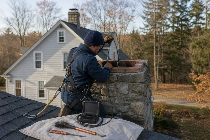 A harnessed technician lowering an inspection camera into the flue of a stone masonry chimney; illustrative image