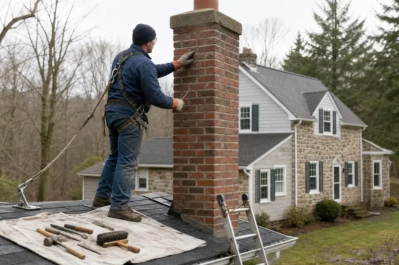 A harnessed mason examining the brickwork of a red brick chimney with a concrete crown with a gloved hand; illustrative image