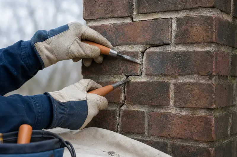A stepped crack through mortar joints on a brick chimney, seen up close; illustrative image