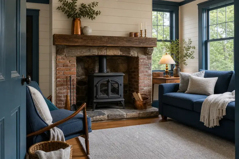 A summer living room with a cast-iron wood stove on a stone hearth pad, glass doors closed and green trees outside the windows; illustrative image