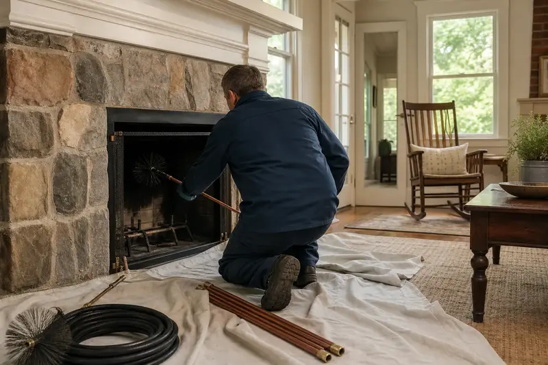 A technician brushing the flue of a factory-built wood-burning fireplace with a stone facing on a humid summer day, drop cloths on the hearth; illustrative image