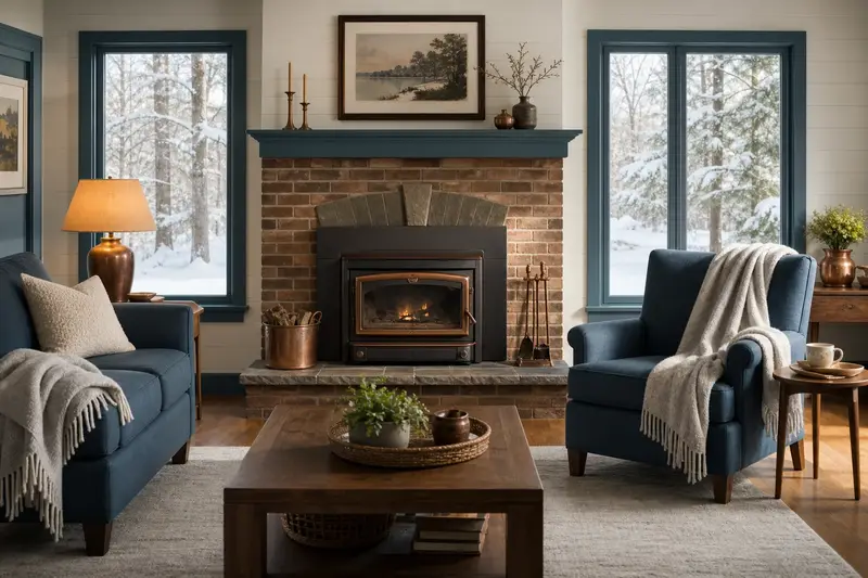 A cozy winter room with a wood-burning insert in a brick opening, glass doors closed and a wool throw on a chair; illustrative image