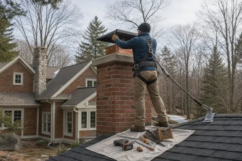 A harnessed technician installing a top-sealing damper on a red brick chimney with a concrete crown; illustrative image