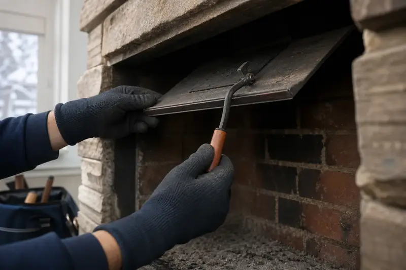 A damper plate seal and handle in a cold firebox, seen up close; illustrative image