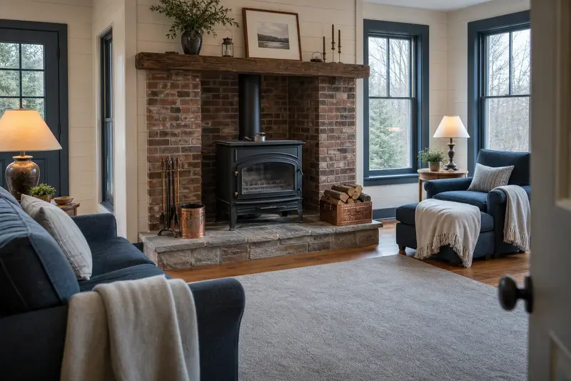 A hearth room with a cast-iron wood stove on a stone hearth pad and a clean, cold firebox; illustrative image