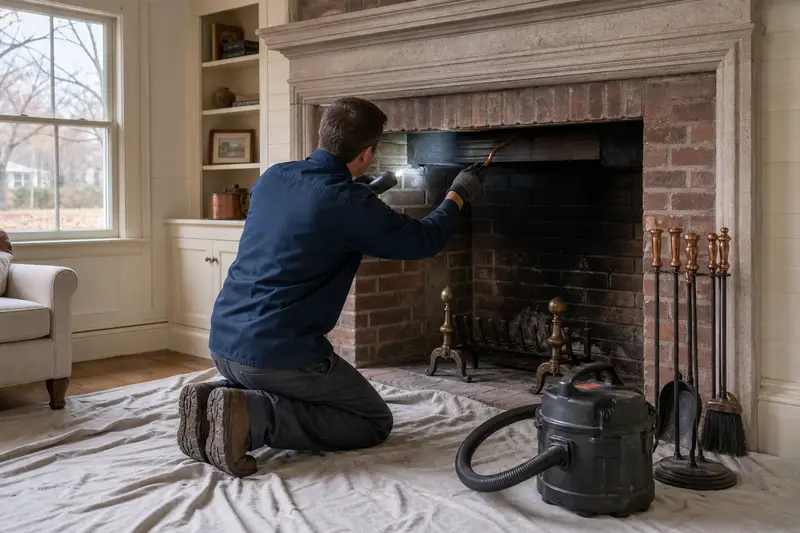 A technician working the stiff damper handle of an open masonry wood-burning fireplace by flashlight, the fireplace cold; illustrative image