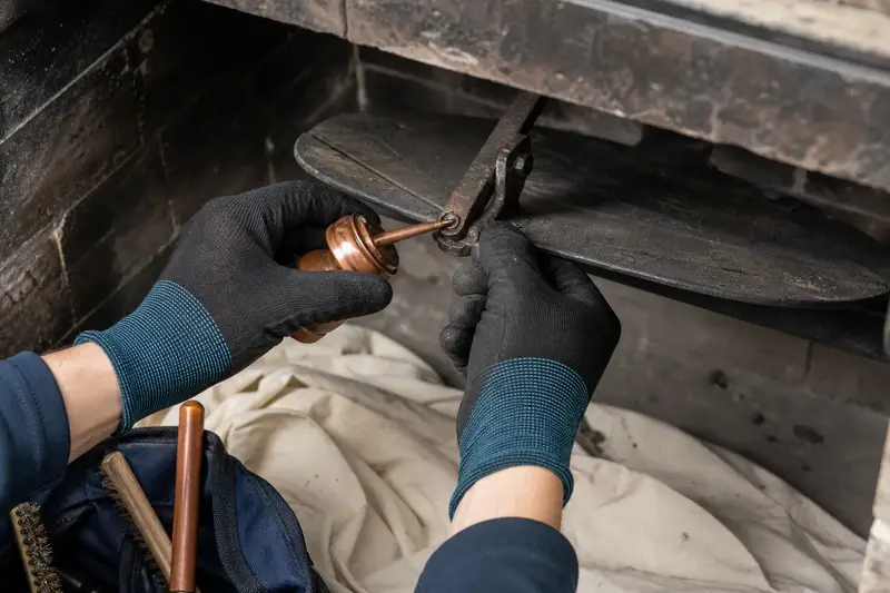 Gloved hands lubricating a damper pivot inside a cold masonry fireplace; illustrative image