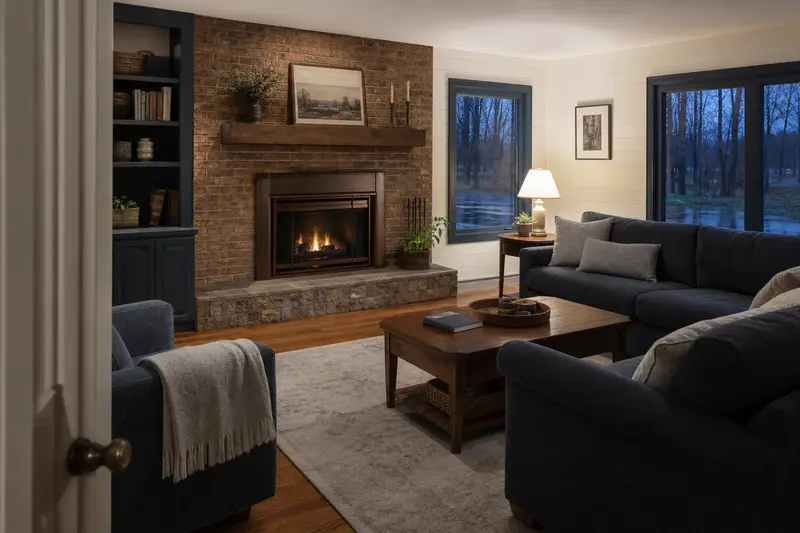 A living room with a direct-vent gas fireplace glowing warmly behind glass, no one present; illustrative image